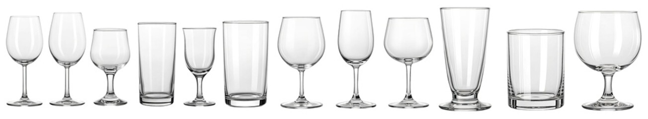 Transparent glassware collection featuring various shapes and sizes of wine, cocktail, and drinking glasses cut out isolated Transparent PNG Elements