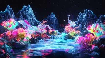 Fototapeta premium A colorful fantasy world featuring vibrant glowing plants and a serene river flowing through a magical landscape under a starry sky, ideal for sci-fi and dreamlike themes.. AI Generation
