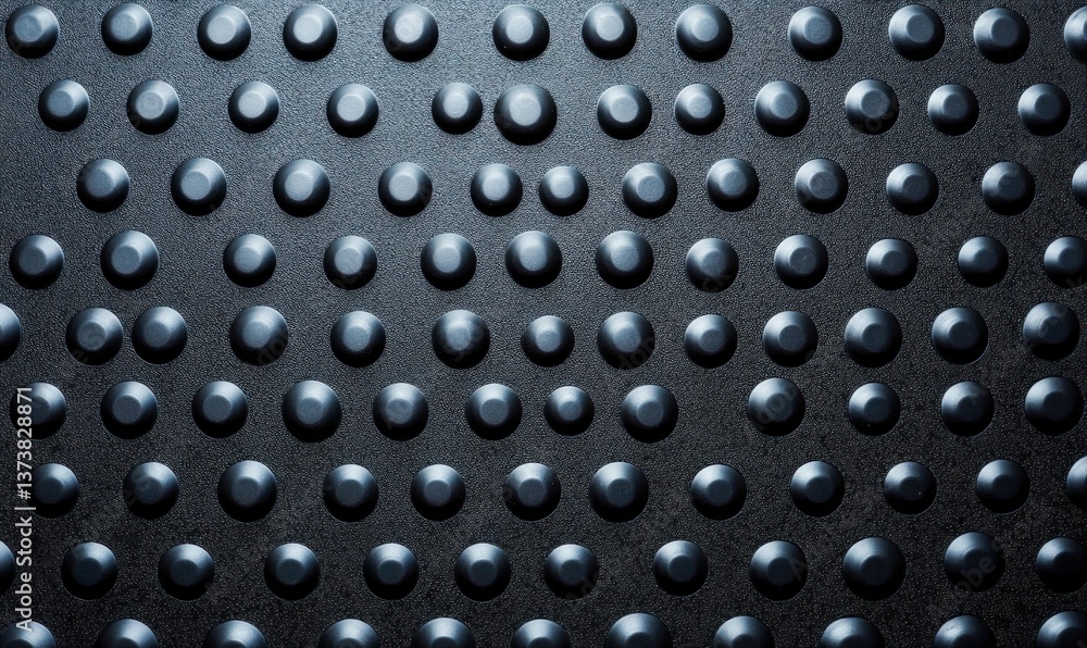Poster close-up of a dark metallic surface featuring a geometric pattern of raised, evenly spaced circular 