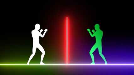 Muscular boxer silhouettes training intently, contrasting against vibrant neon lines with shifting background colors, highlighting competitive spirit and athletic dynamism