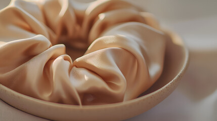 A soft, fabric-covered hair tie sits nestled inside a small, neutral-toned ceramic dish, bathed in warm light.