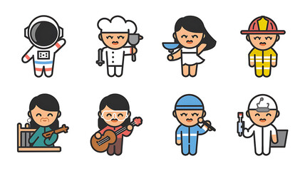 Cute cartoon characters depicting various professions Simple colorful and stylized