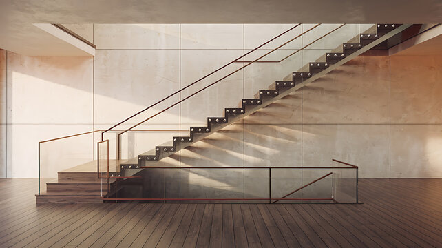 Modern staircase ascends within a bright, spacious interior, bathed in warm, natural light.