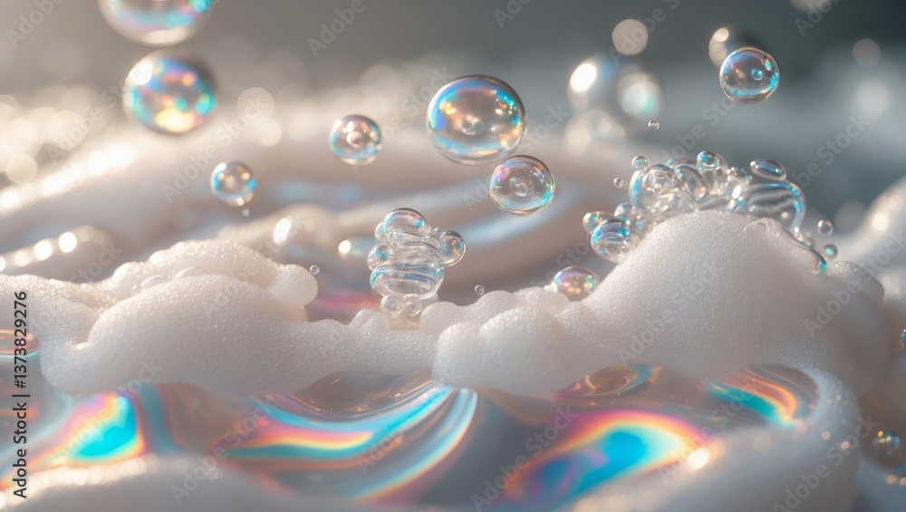 Poster bubbles rise in soft foam creating a shimmering effect in warm, diffused light in a close-up setting