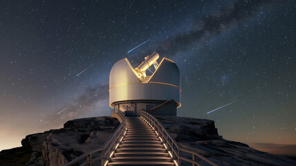 Nighttime observatory on a mountaintop under a starry sky with meteors