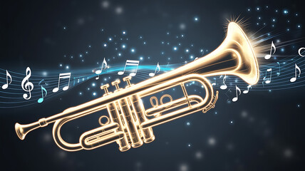 Golden trumpet with glowing notes musical background