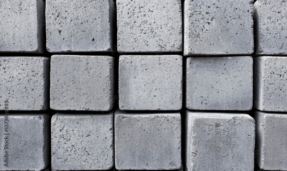 Poster neatly stacked concrete blocks create a textured gray surface, ideal for construction and material b