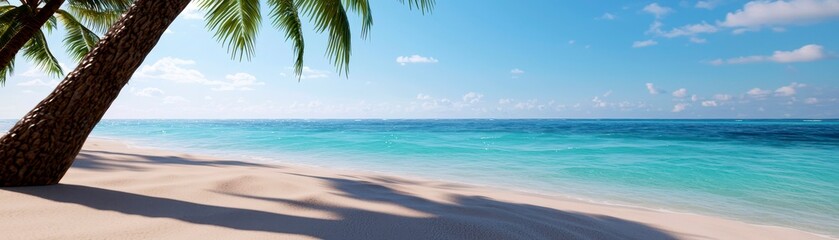 A peaceful beach with soft white sand turquoise waters and palm trees swaying in the breeze . Tranquil shore paradise.