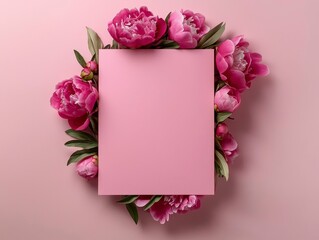 A pink peony wreath encircles a blank square sheet on a soft pink background. Pale rose backdrop with floral frame.