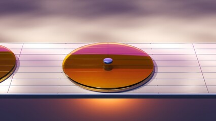 Animation of a small purple sphere rolling on a conveyor belt made of golden circles, the sphere transforms into a bigger purple drop that bounces once and rolls away