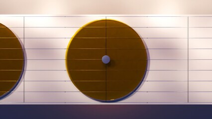 Golden circular hatch smoothly opens on a white wall with horizontal lines, revealing an empty space behind it, creating a sense of mystery and discovery