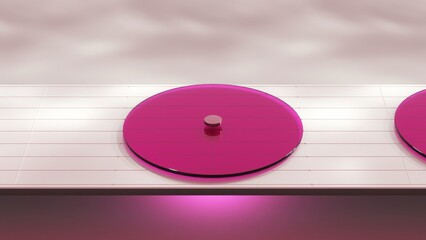 Magenta digital button gradually melting into shimmering liquid mercury. Transforming and reforming on minimalist white platform with subtle pink light reflections. Creating seamless morphing motion