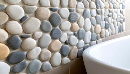 A spa like bathroom with a tile wall featuring a mosaic of pebbles in various shades of grey and white creating a natural textured look. Serene bathroom stone wall art.