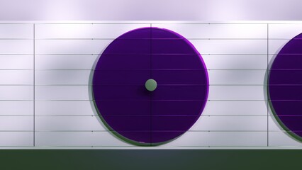 Purple disc moving from right to left on a white background with horizontal lines, the disc separates into two smaller discs, one purple and one gray, that then recombine