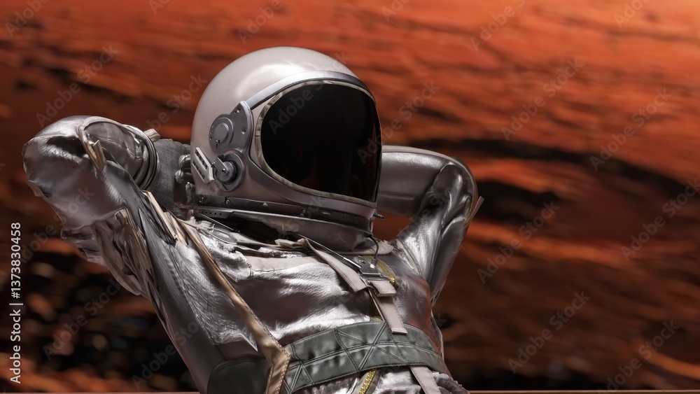 Poster astronaut enjoys a moment of peace, resting with hands behind head, seemingly floating in the vast e
