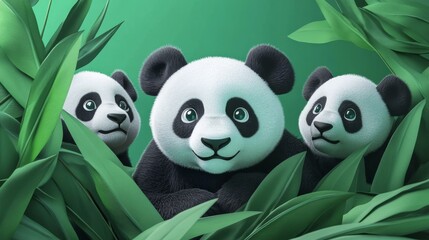 Fototapeta premium Three cute pandas peek through lush green foliage, creating a playful and vibrant scene. The bright green leaves contrast beautifully with the pandas' black and white fur, highlighting their curiosity
