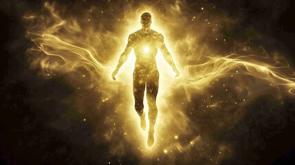 Fototapeta premium A man is floating in the air with a glowing heart
