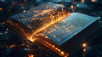 A glowing open book emitting golden light and surrounded by a digital grid and data stream. The image evokes themes of advanced knowledge, technology, and data, ideal for concepts like AI, digital