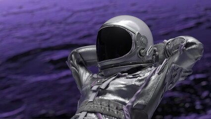 Astronaut wearing a silver spacesuit enjoys a moment of peace, resting with hands clasped behind head, against the backdrop of a vibrant purple nebula © flashmovie