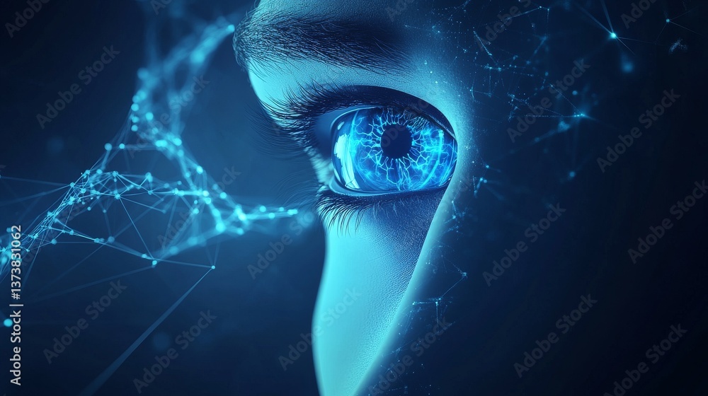 Poster a digital human eye glows with vibrant blue light and is surrounded by neural connections, represent