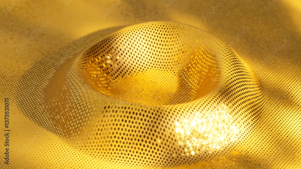Poster luxurious golden surface dynamically morphing through fluid geometric shifts, creating shimmering ab