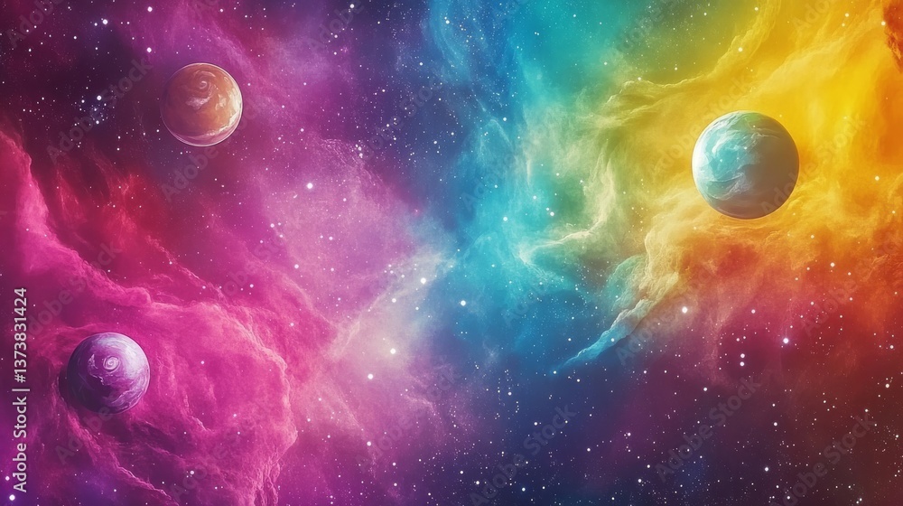 Aufkleber a captivating cosmic scene with colorful planets surrounded by a glowing nebula, set in a vibrant st