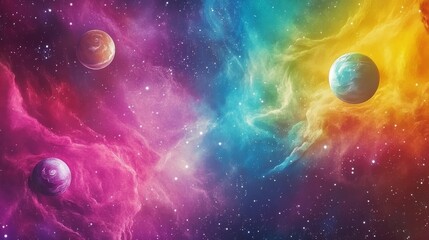 A captivating cosmic scene with colorful planets surrounded by a glowing nebula, set in a vibrant starry background. Ideal for fantasy or sci-fi themed projects.. AI Generation