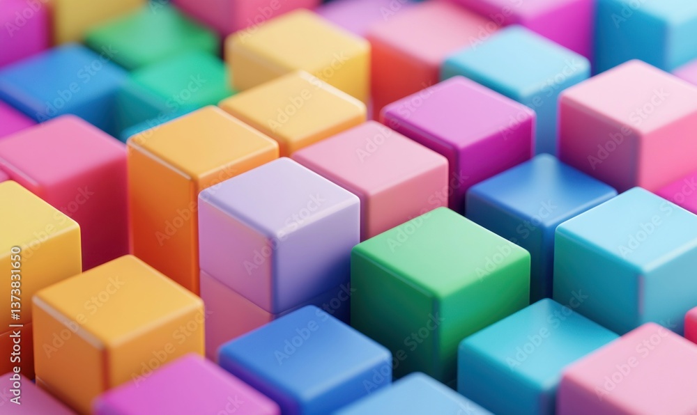 Poster a dynamic display of colorful cubes arranged in an abstract geometric pattern and playful style.