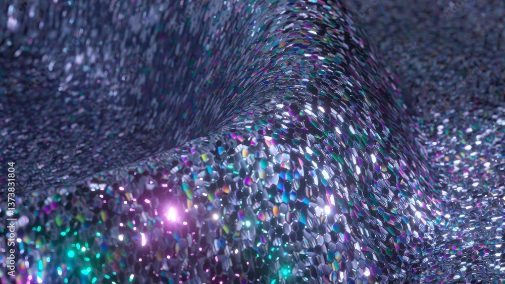 Poster silver glittering fabric with iridescent sequins is slowly waving, creating beautiful reflections an