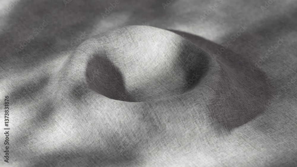 Poster soft gray textile surface dynamically transforming into concave shape, casting fluid shadows across 