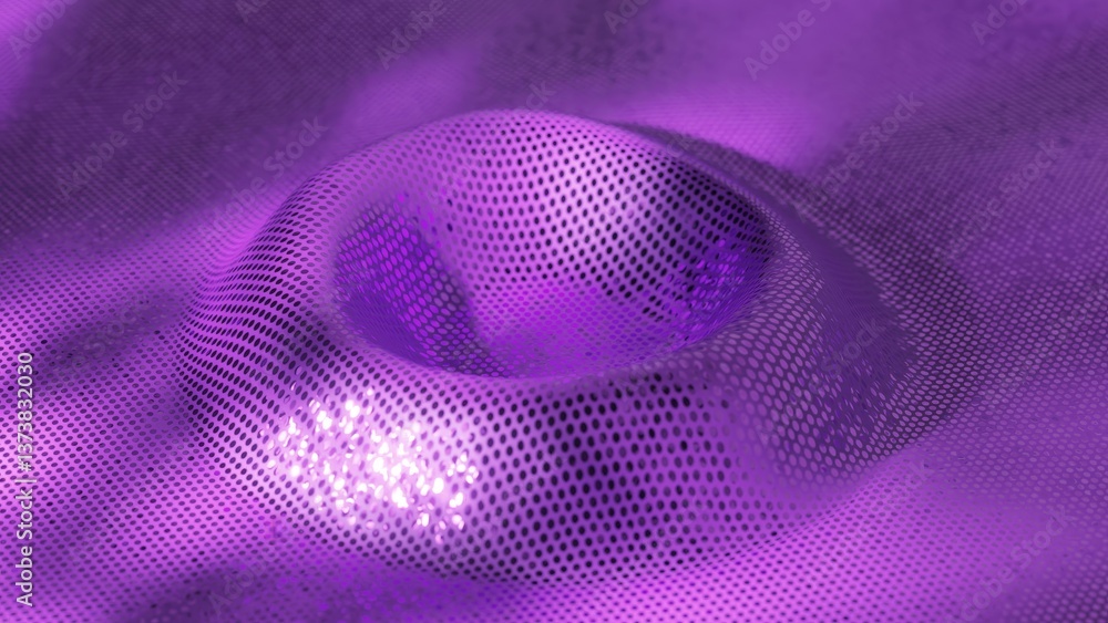 Poster purple textured surface glittering and transforming smoothly into concave circular shape, revealing 