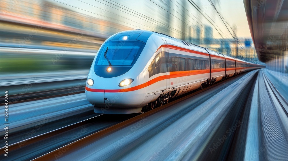 Poster a sleek high-speed train zooms along a modern railway track, symbolizing advancements in transportat