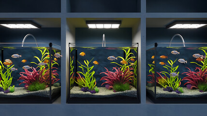 Three small aquariums with fish and plants