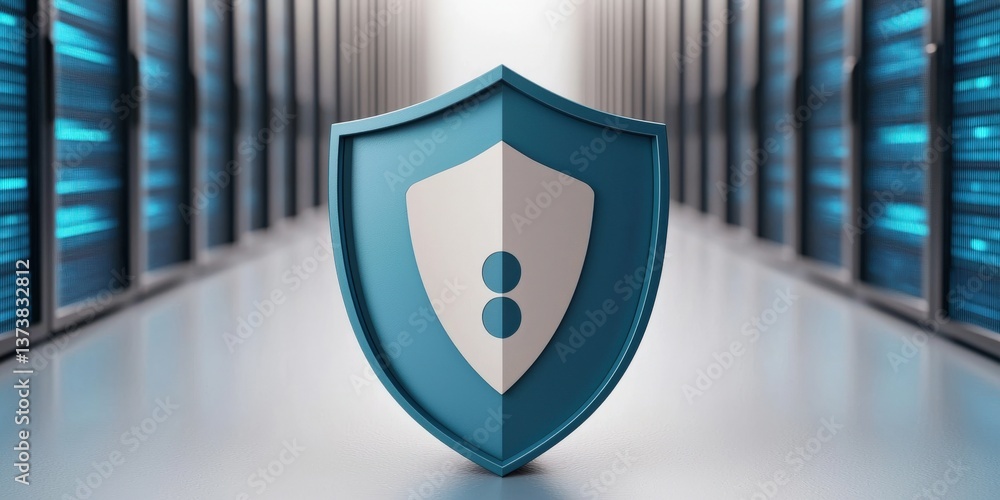 Poster protect prevention policy concept. digital shield symbolizing cybersecurity in a server room.