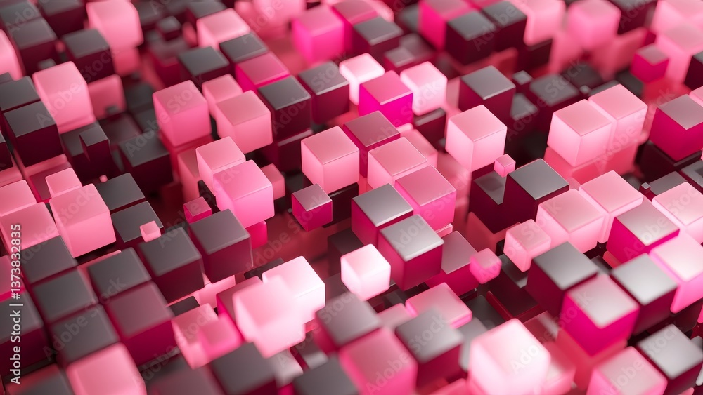Poster abstract animation featuring pink and purple cubes moving gently in a wave-like pattern, creating a 