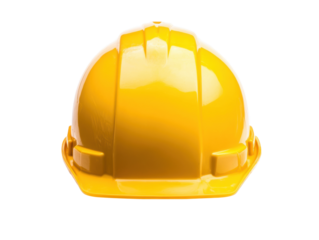 Bright yellow hard hat for construction and safety wear on a transparent background, cut out