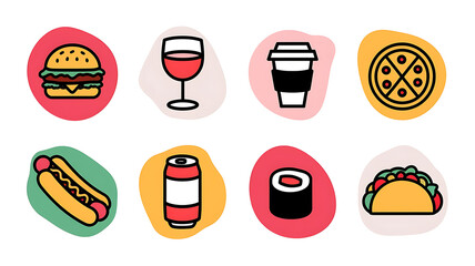Colorful food icons various fast food and drinks Simple trendy style Perfect for restaurant menus or food delivery apps