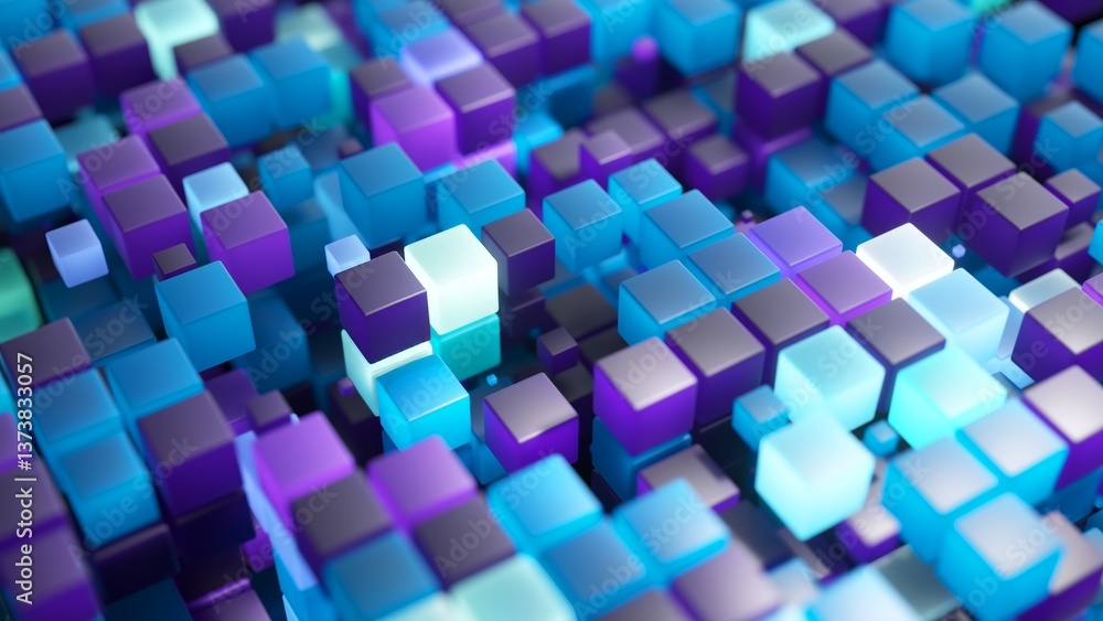 Poster colorful geometric cubes moving vertically, generating dynamic abstract background with mesmerizing 
