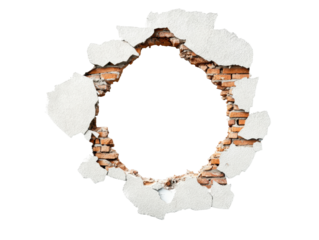 Broken wall with exposed bricks creating an empty space for design on a transparent background, cut out