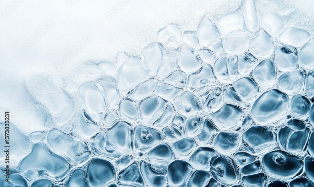 Poster a mesmerizing close-up of interconnected clear bubbles against a smooth, white textured backdrop.