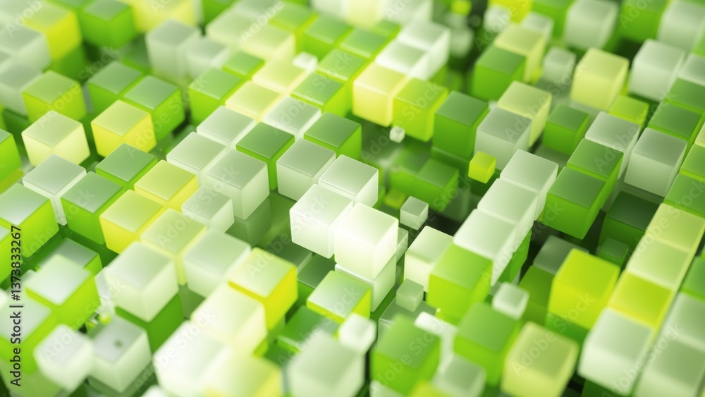 Poster abstract animation shows green and yellow cubes moving up and down on a white background, creating a