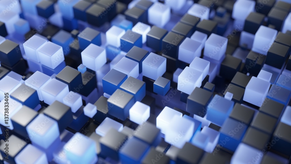 Poster dynamic 3d cubes bouncing and glowing, creating mesmerizing visual patterns with vibrant energy and 