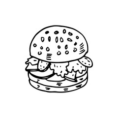 Hamburger with sesame seed bun food vector doodle hand-drawn.