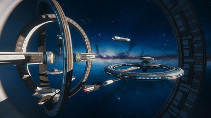 Futuristic space station complex with orbiting vessels a galaxy backdrop