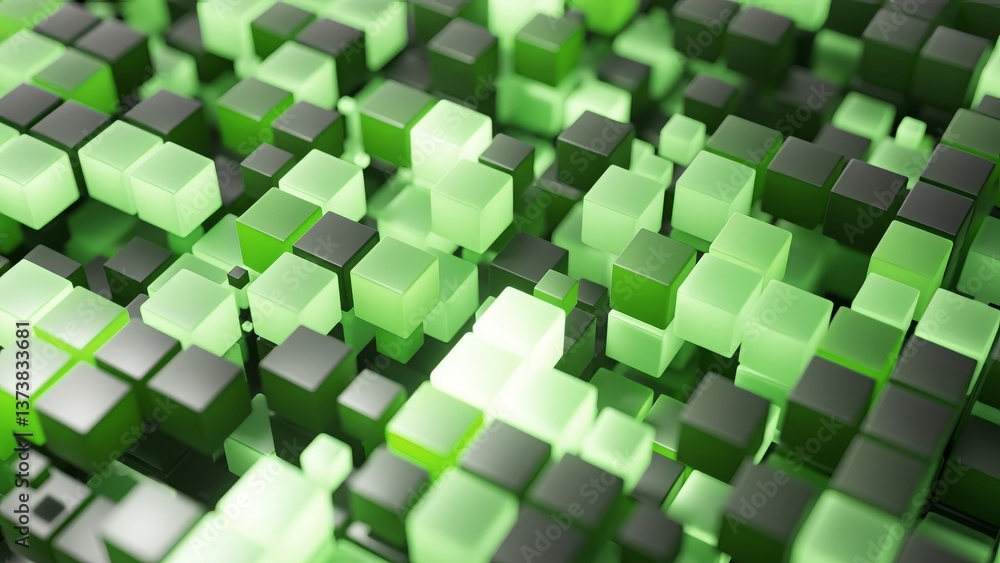 Poster dynamic geometric pattern featuring green and black cubes shifting and transforming with mesmerizing