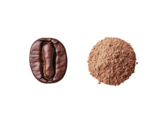 Coffee bean and ground coffee for brewing beverages at home on a transparent background, cut out
