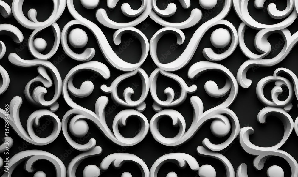 Poster an elegant white plasterwork pattern unfolds on a black canvas, showing ornate swirls and scrolls.