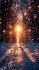 Naklejka premium Snow scenery, Nordic region, night, starry sky, snowfall, snow covered, real ::2 , photo ::2 , award-winning, best quality, high-definition, high detail, 16K ::1 