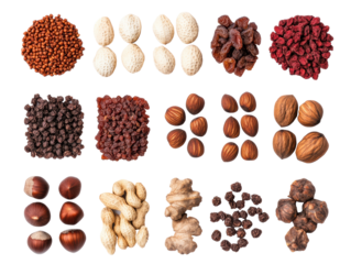 Variety of nuts and dried fruits for healthy snacking options on a transparent background, cut out