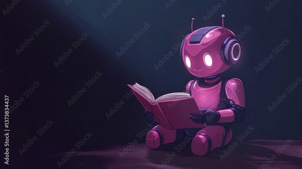 Poster a pink robot sits in a dimly lit room, reading a book in a cozy atmosphere, creating a sense of calm